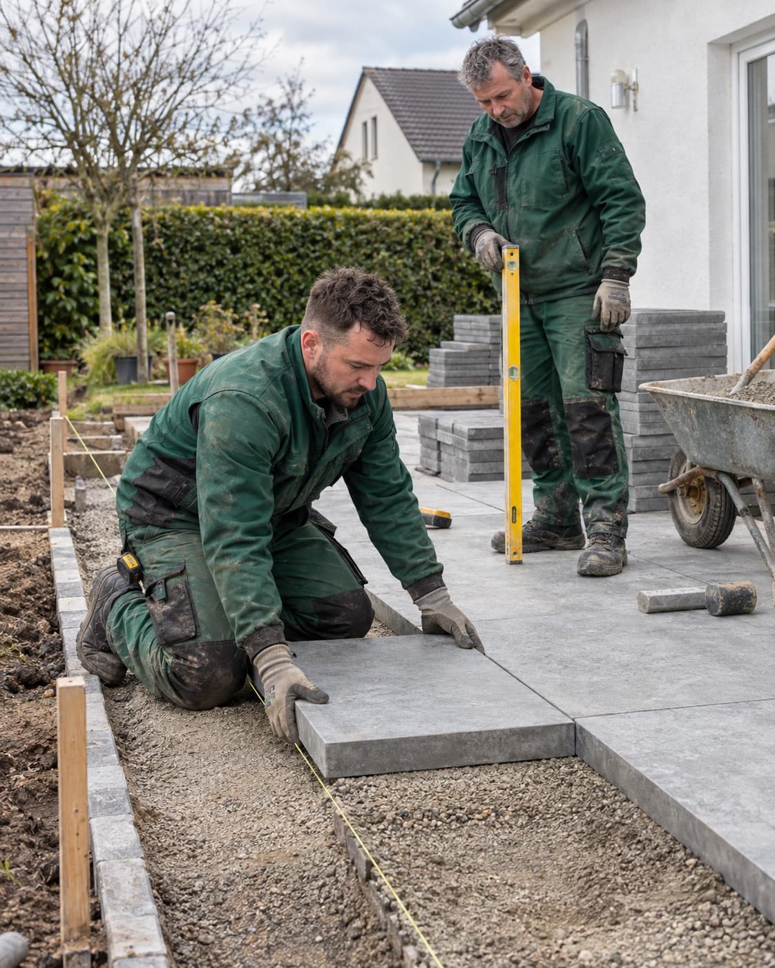 Zwei Mitarbeiter von SIDO Gartenbau verlegen großformatige Terrassenplatten – einer setzt die Platte auf das Splittbett, der zweite prüft die Flucht mit der Wasserwaage
